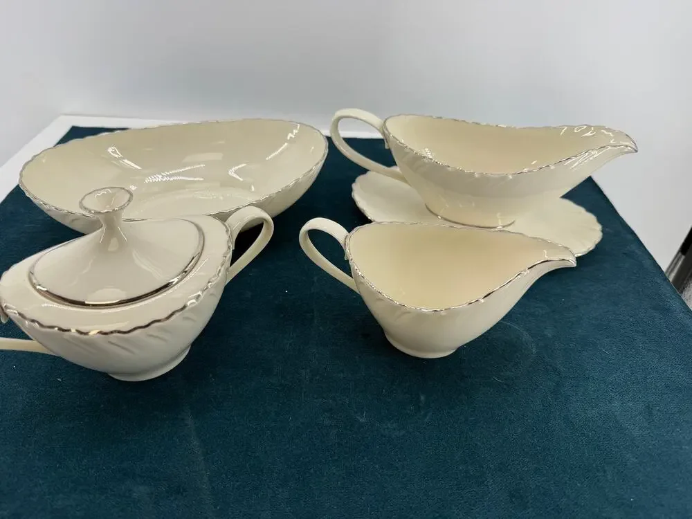 Weatherly Lenox D517 Cream Sugar Gravy Boat Vegetable Bowl Silver Trim Vintage